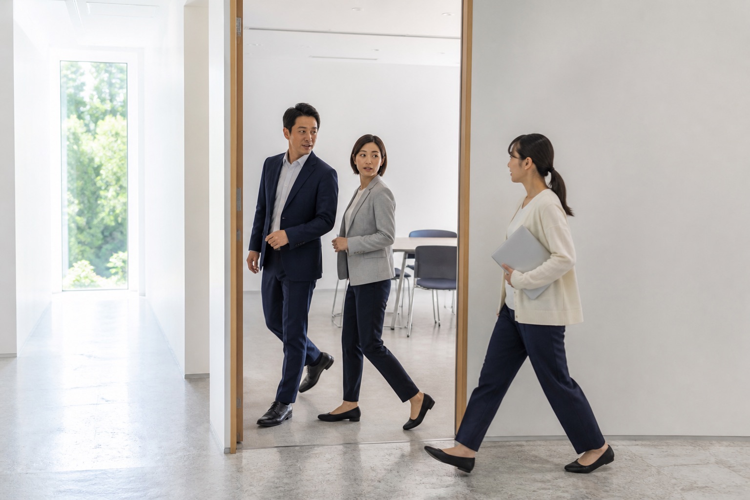 明るいオフィスの入口で、部屋から出てくる紺のスーツの男性と灰色のジャケットの女性、ノートPCを持って通路から入る女性