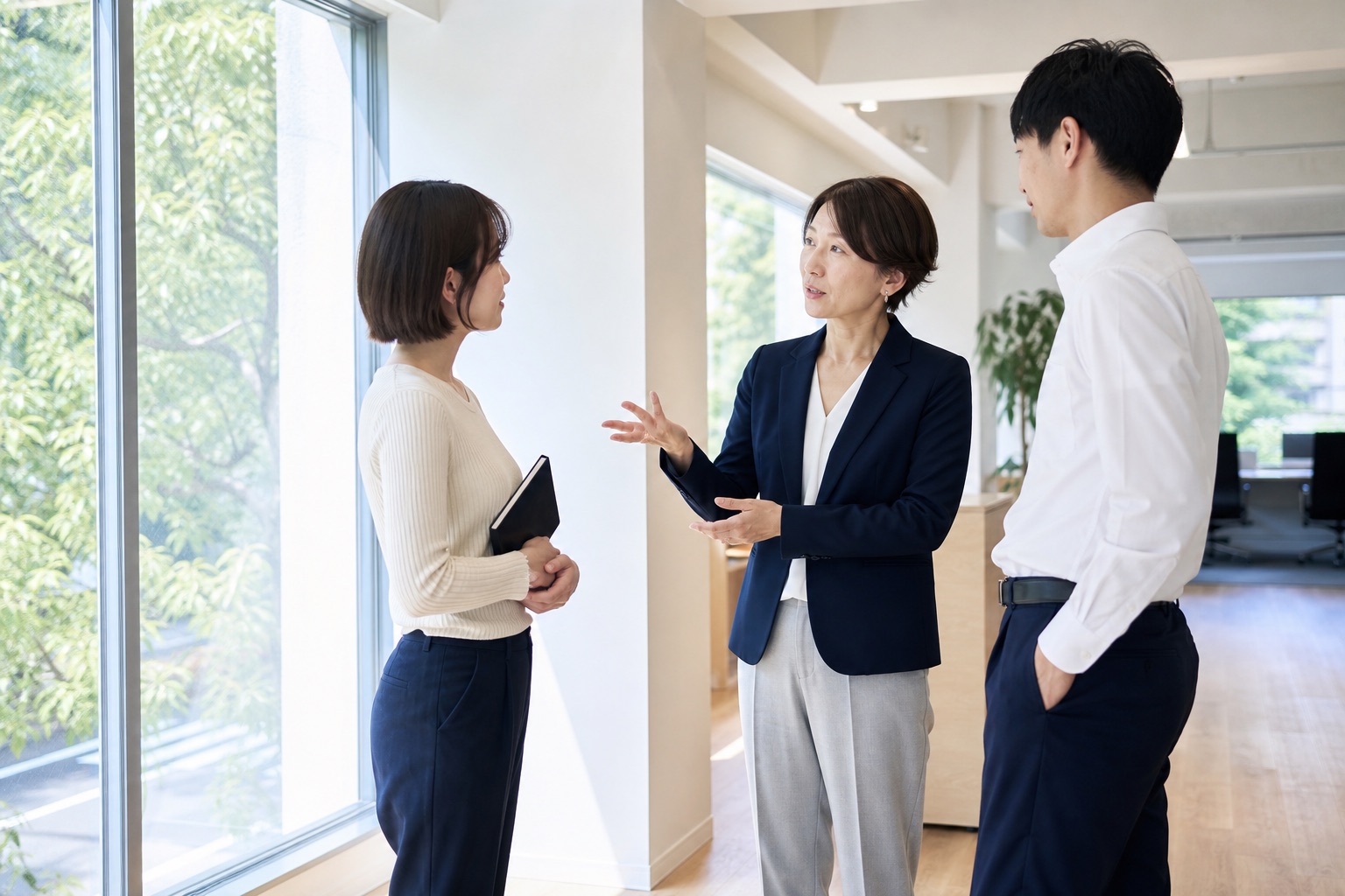 明るいオフィスの窓際で、身振りを交えて話す紺のジャケットの女性と、ノートを抱えて聞く生成りのニットの女性、隣に立つ白いシャツの男性