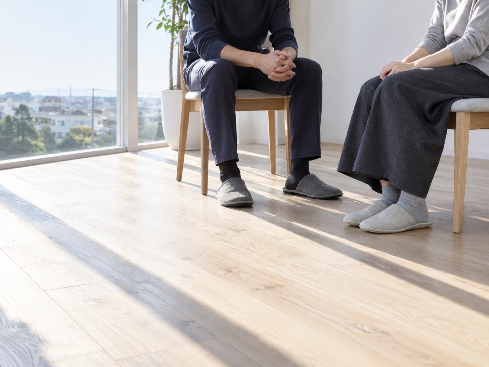 明るい床の上で、少し角度をつけて向かい合って座る2人の膝と手元